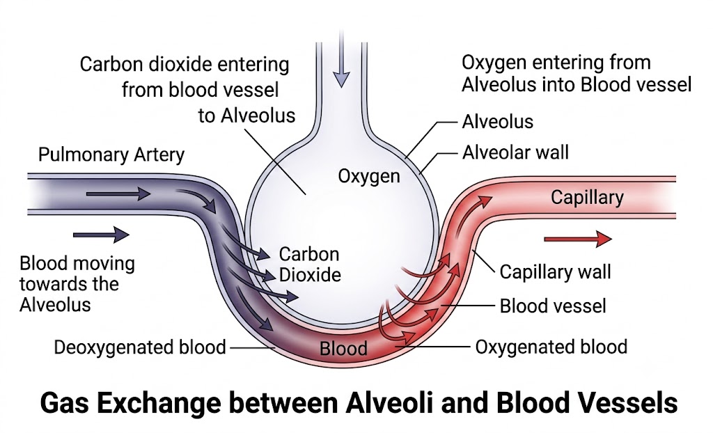 Gas exchange between Alveoli and Blood Vessels